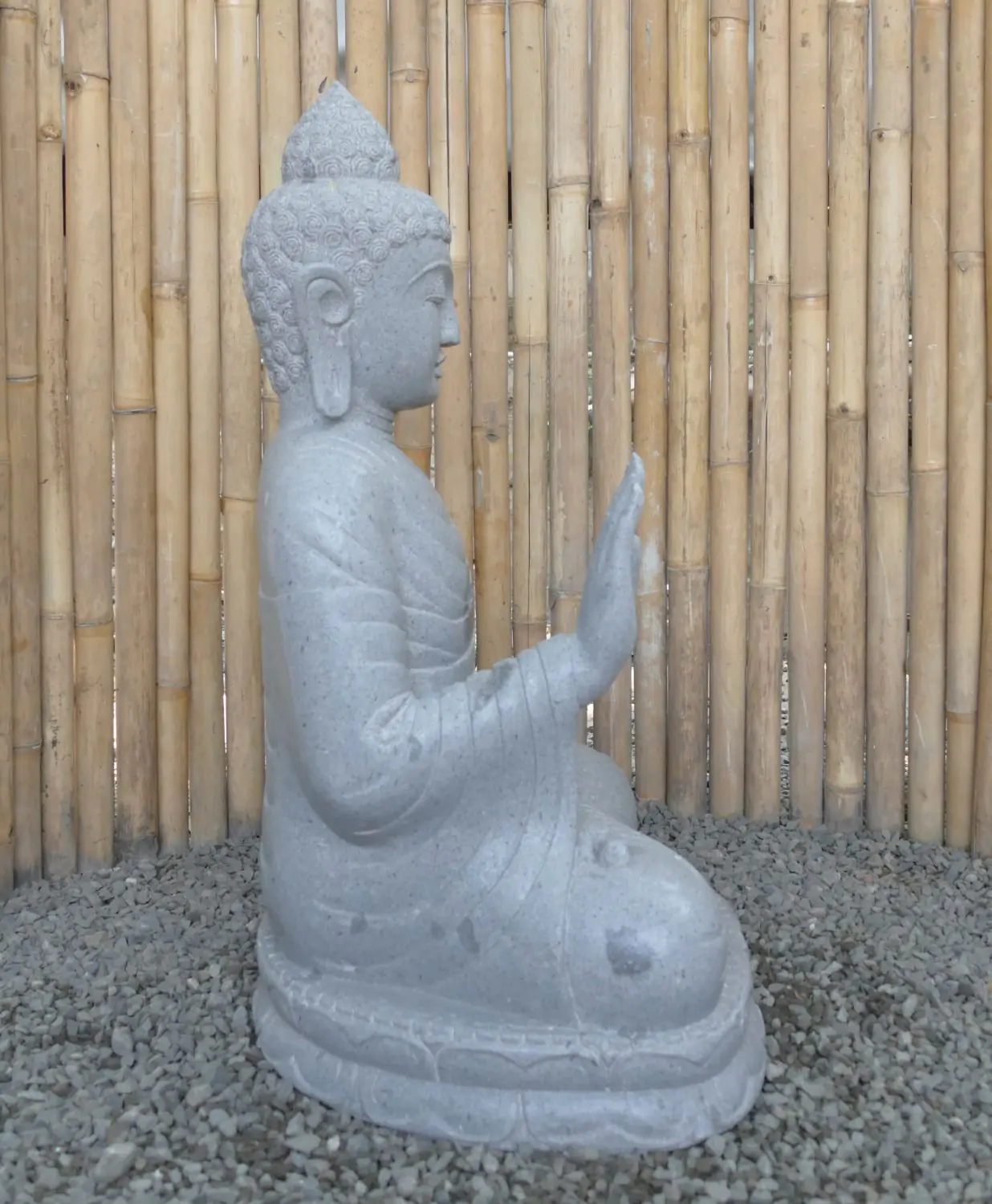  Product image 5 of the product “Seated Buddha made of Riverstone in Abhaya Position - gesture of fearlessness, H. 83cm. ”